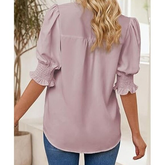 Evaless Summer Casual V Neck Tunic Blouse Ruffle Short Sleeve Pink Size XXL - Picture 4 of 6